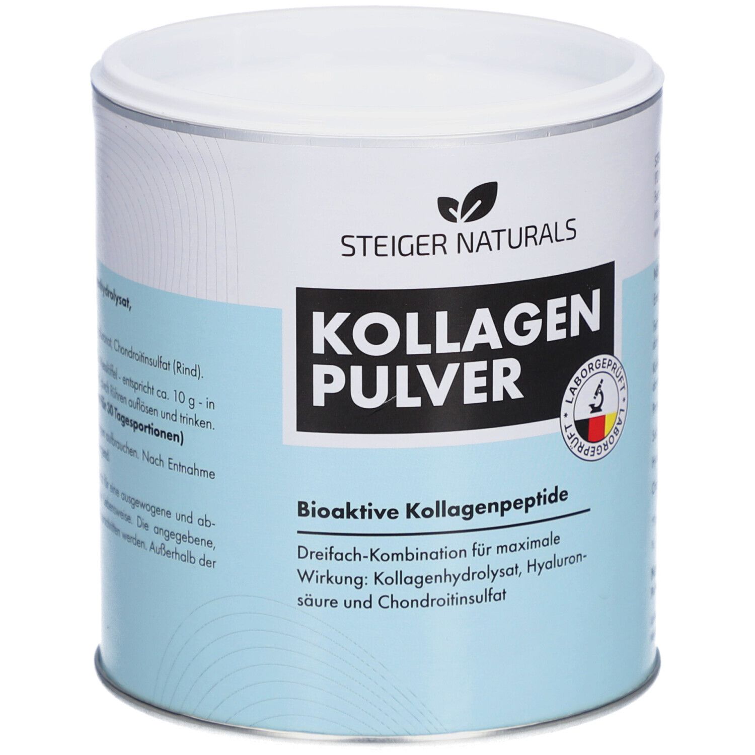Zylinderdose mit Steiger Naturals Kollagenpulver. Weißer Deckel, hellblaue Basis, schwarze Schrift. Laborgeprüft.