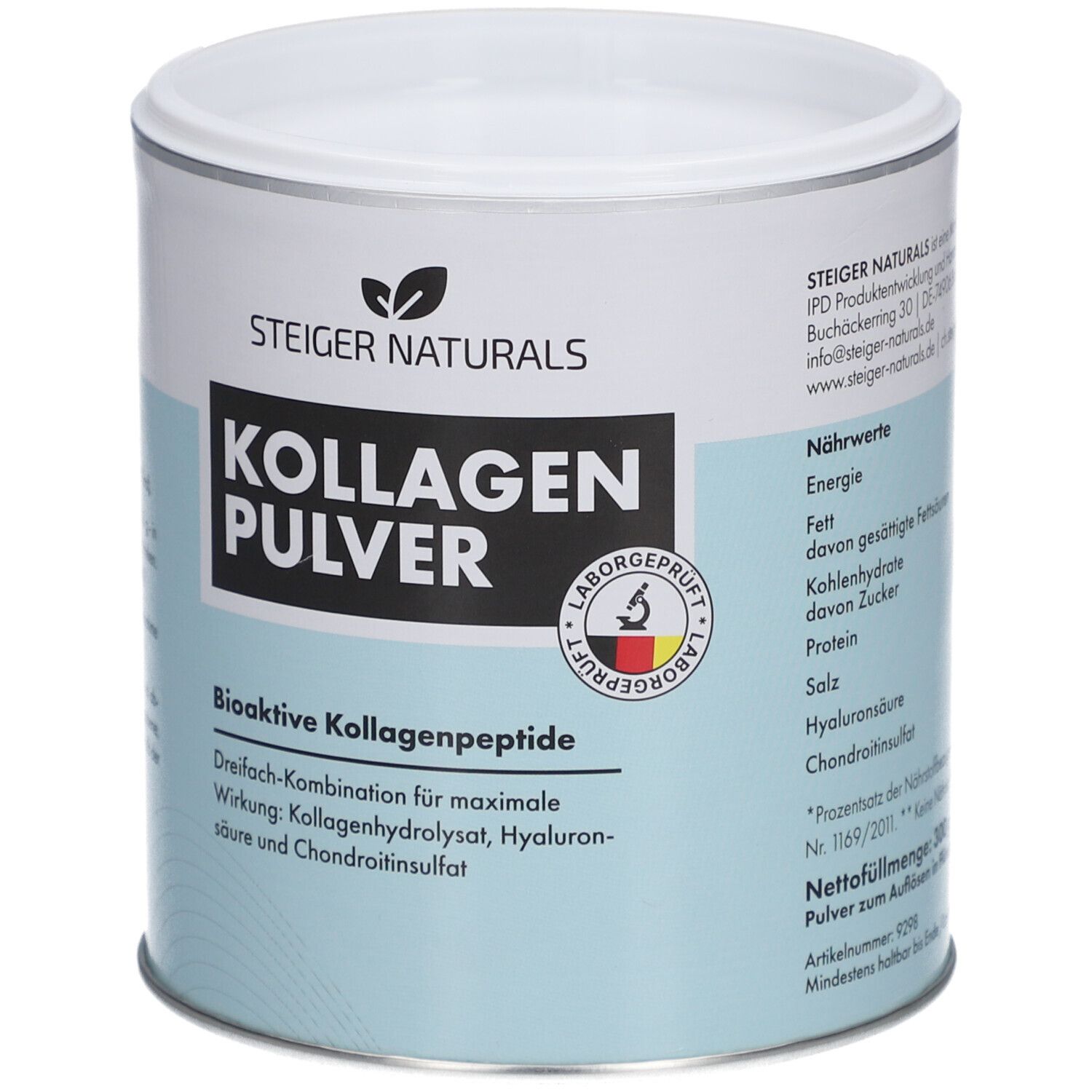 Zylinderdose mit Steiger Naturals Kollagenpulver. Weißer Deckel, hellblaue Basis, schwarze Schrift. Laborgeprüft.