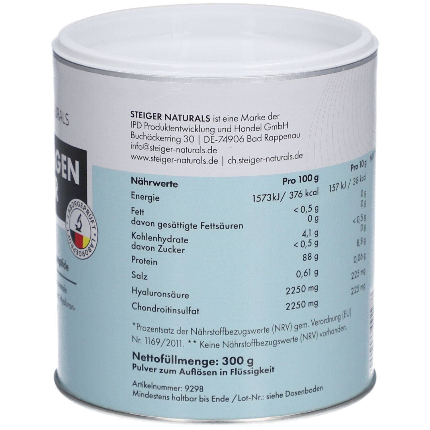 Dose mit Nährwertangaben. Enthält Energie, Fett, Kohlenhydrate, Eiweiß, Salz, Hyaluronsäure und Chondroitinsulfat. Nettogewicht: 300 g.