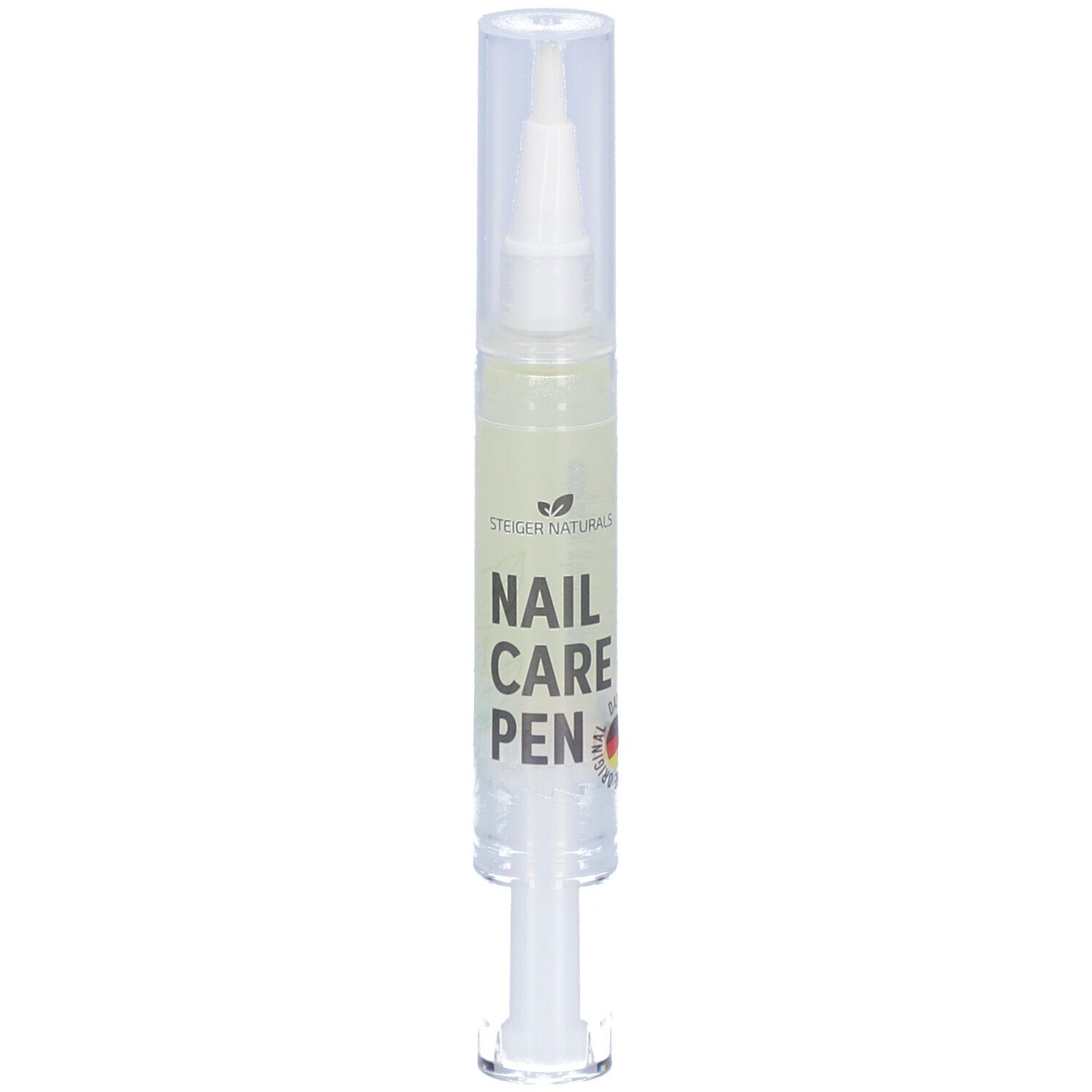 Transparenter Stift mit weißer Spitze und Kappe. Beschriftung: NAIL CARE PEN. Mit Logo und Deutschland-Flagge.