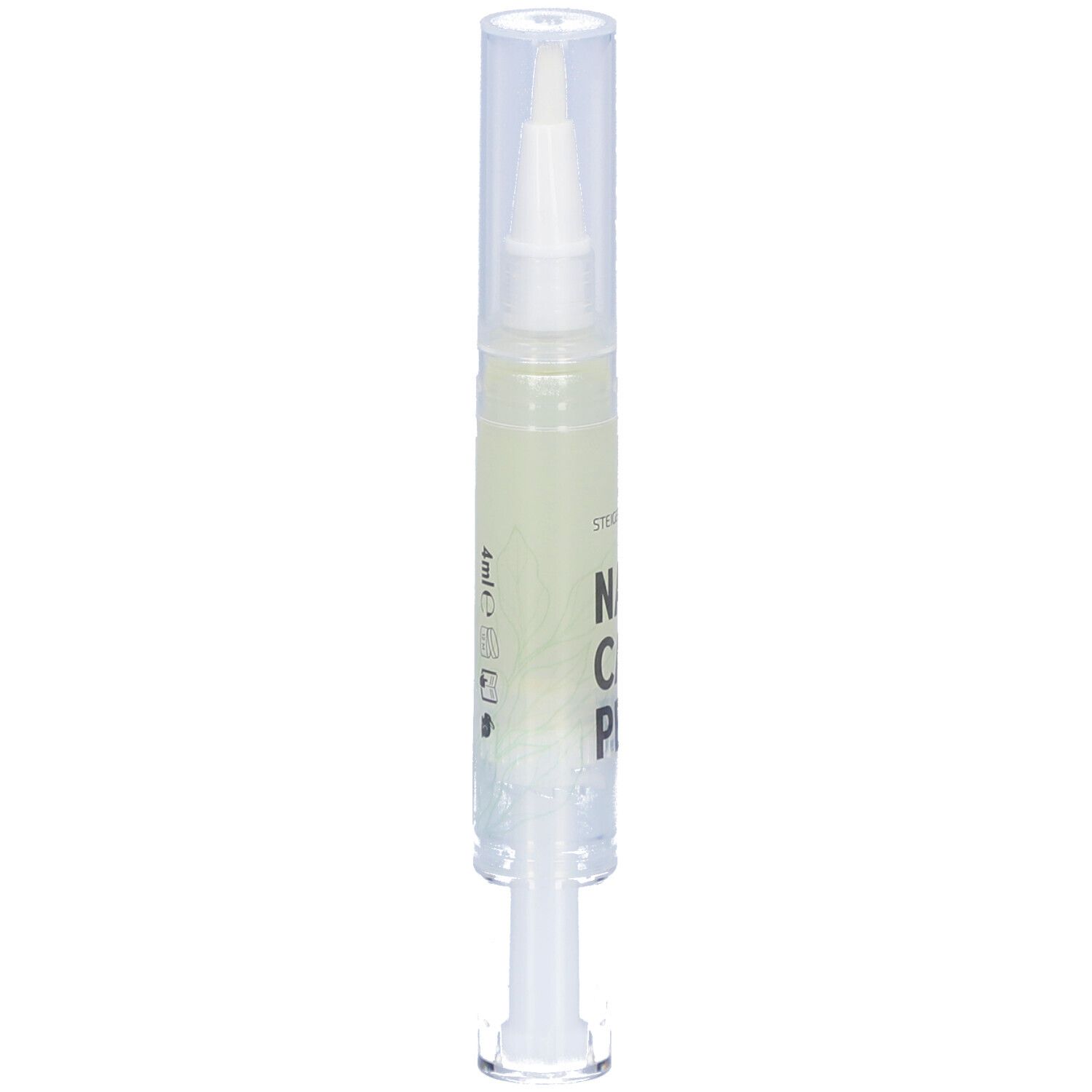 Transparenter Stift mit weißer Spitze und Kappe. Beschriftung: NAIL CARE PEN. Mit Logo und Deutschland-Flagge.