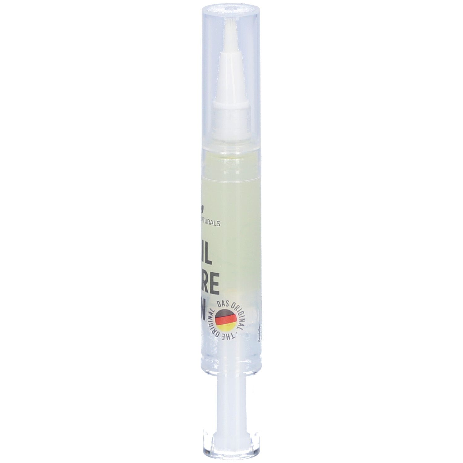 Transparenter Stift mit weißer Spitze und Kappe. Beschriftung: NAIL CARE PEN. Mit Logo und Deutschland-Flagge.