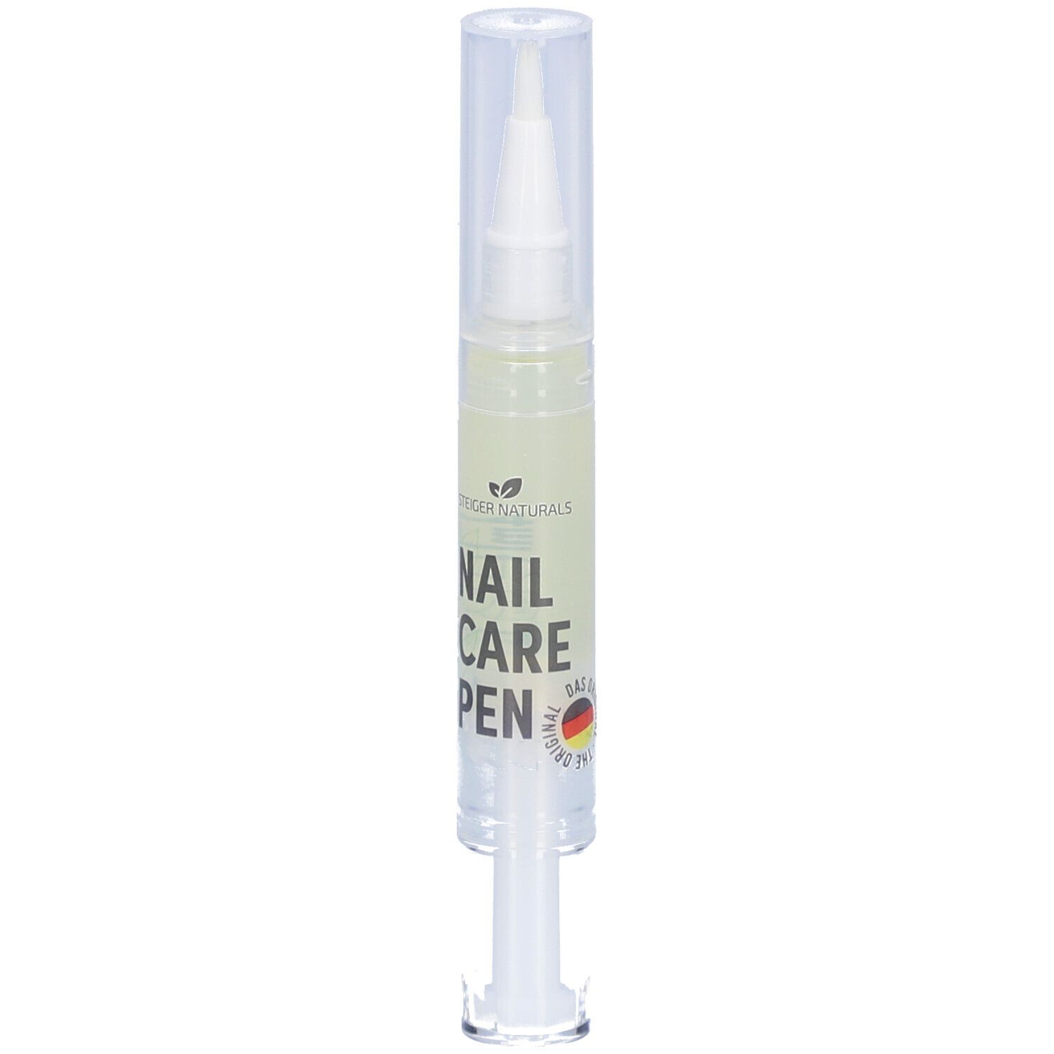 Transparenter Stift mit weißer Spitze und Kappe. Beschriftung: NAIL CARE PEN. Mit Logo und Deutschland-Flagge.