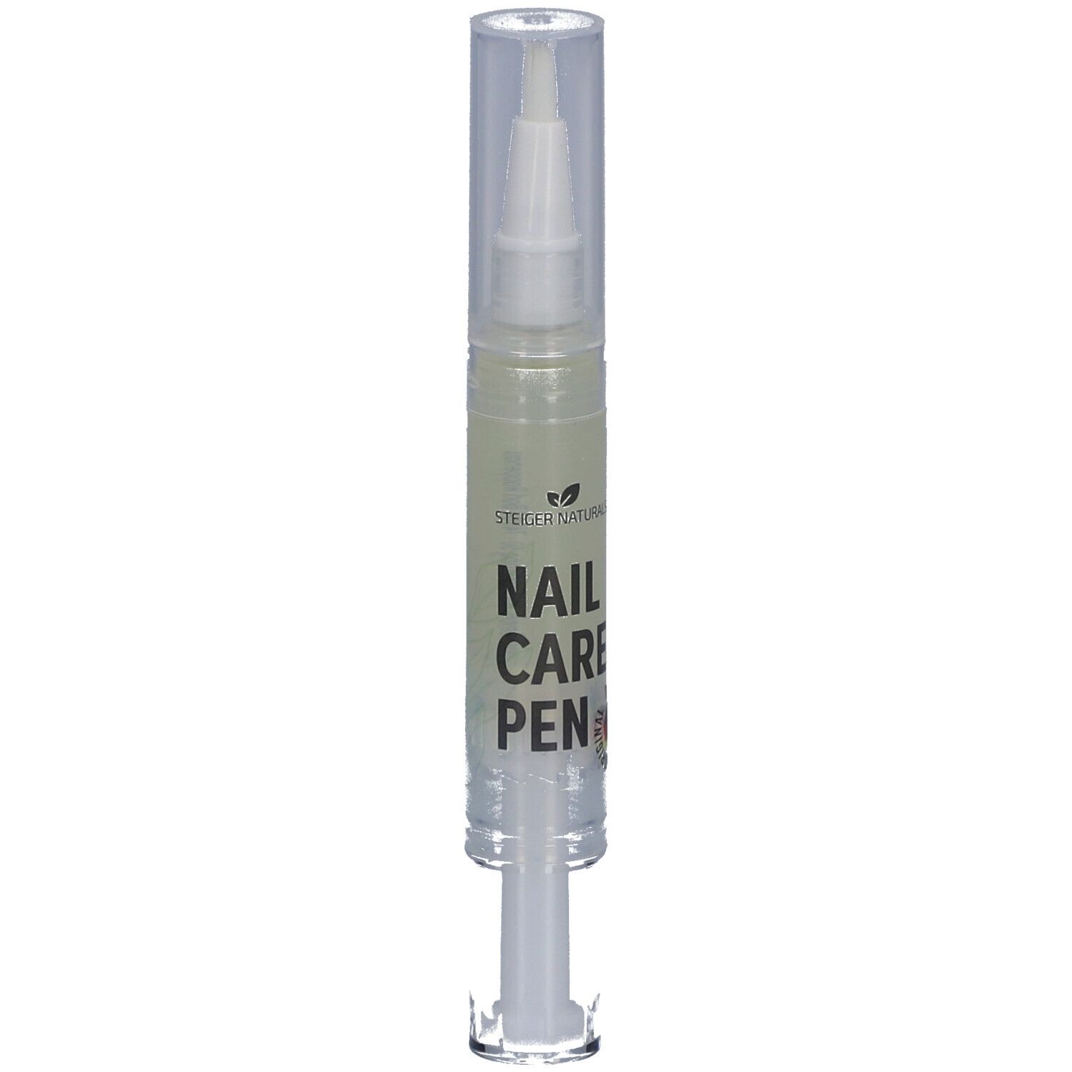 Transparenter Stift mit weißer Spitze und Kappe. Beschriftung: NAIL CARE PEN. Mit Logo und Deutschland-Flagge.
