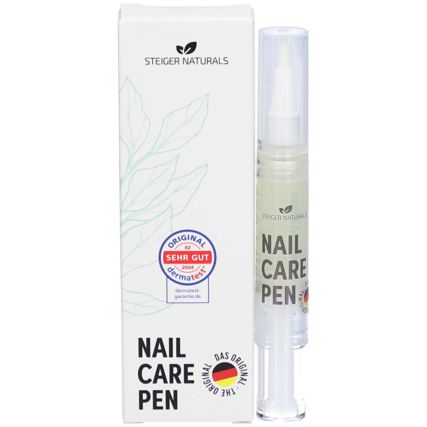 Produktverpackung mit Stift und Karton. Beschriftung: NAIL CARE PEN. Logo und Siegel. Karton mit Blättermuster.
