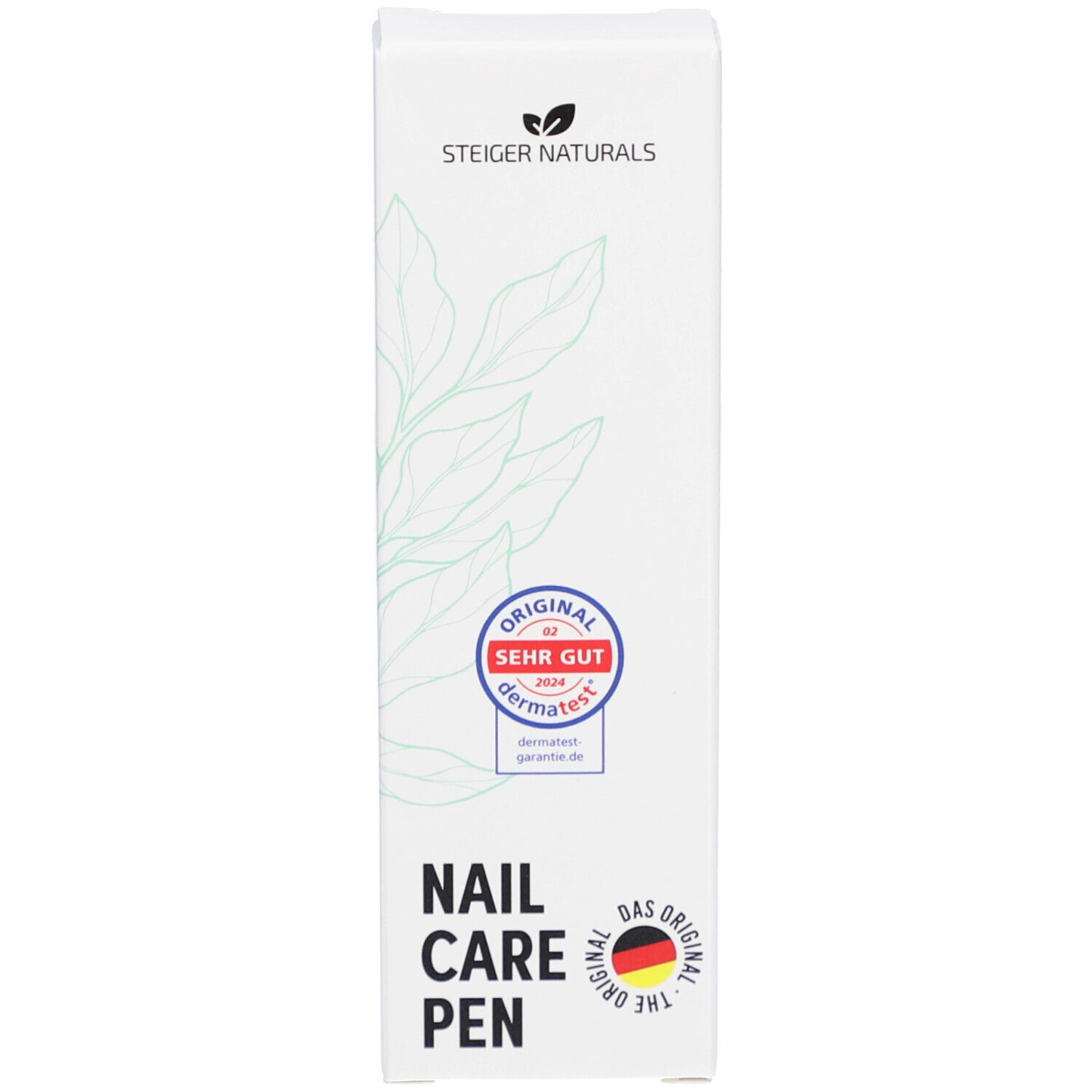 Produktverpackung. Beschriftung: NAIL CARE PEN. Logo und Siegel. Karton mit Blättermuster.