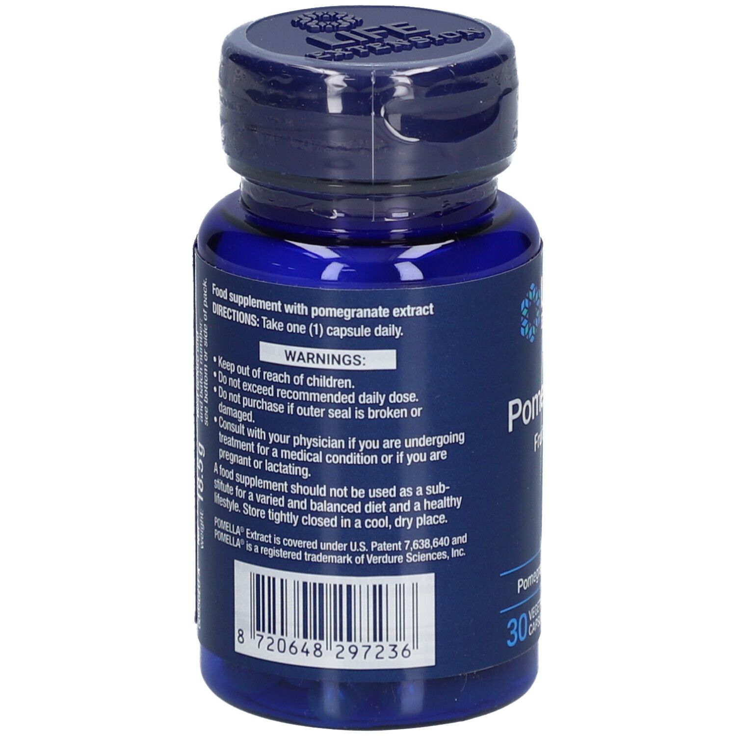 Flacon bleu de gélules. Inscription: Life Extension, extrait de fruit de grenade. Avertissements et ingrédients.
