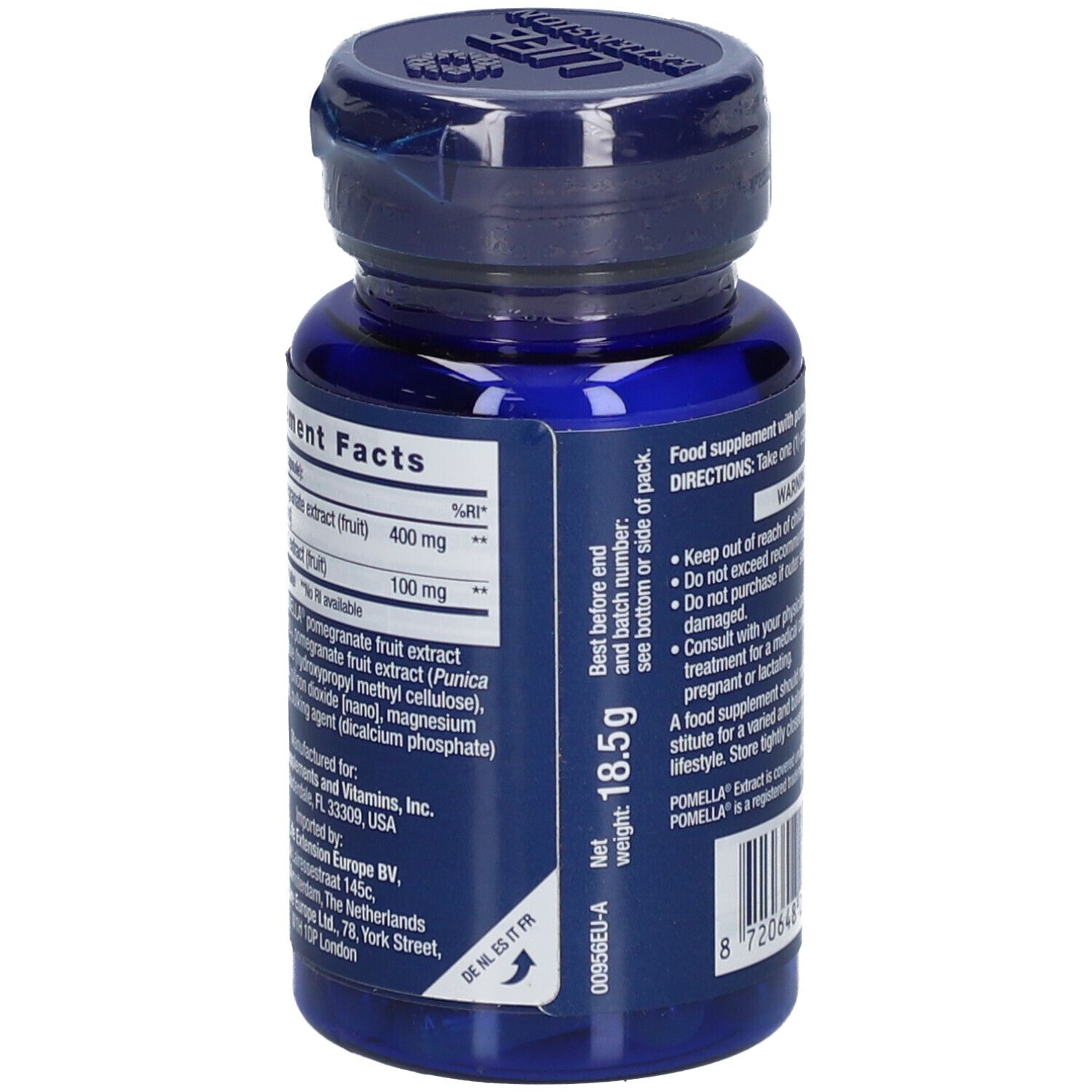 Flacon bleu de gélules. Inscription: Life Extension, extrait de fruit de grenade. Informations nutritionnelles et poids 18,5g.