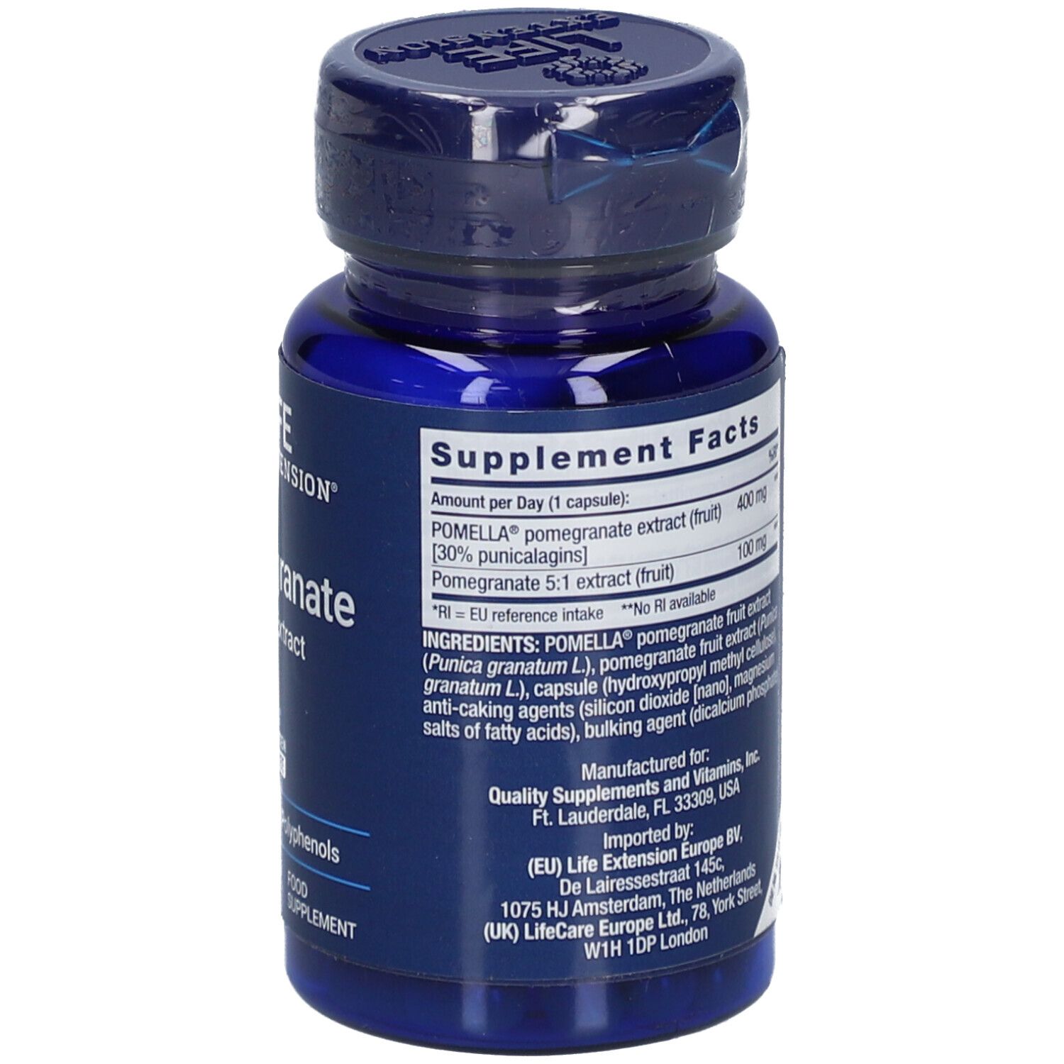 Flacon bleu de gélules. Inscription: Life Extension, extrait de fruit de grenade. Informations nutritionnelles et ingrédients.