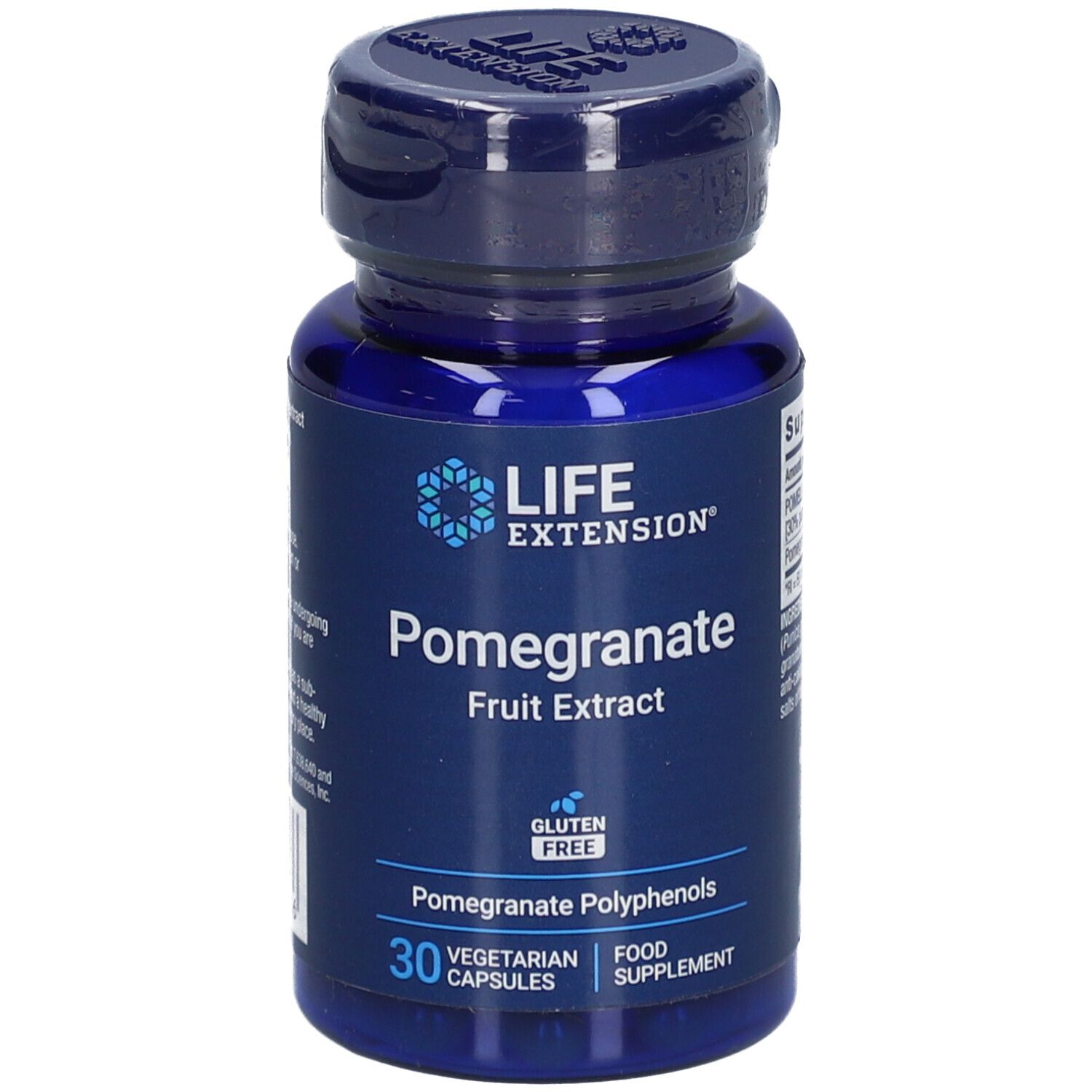 Flacon bleu de gélules. Inscription: Life Extension, extrait de fruit de grenade. 30 gélules végétariennes.