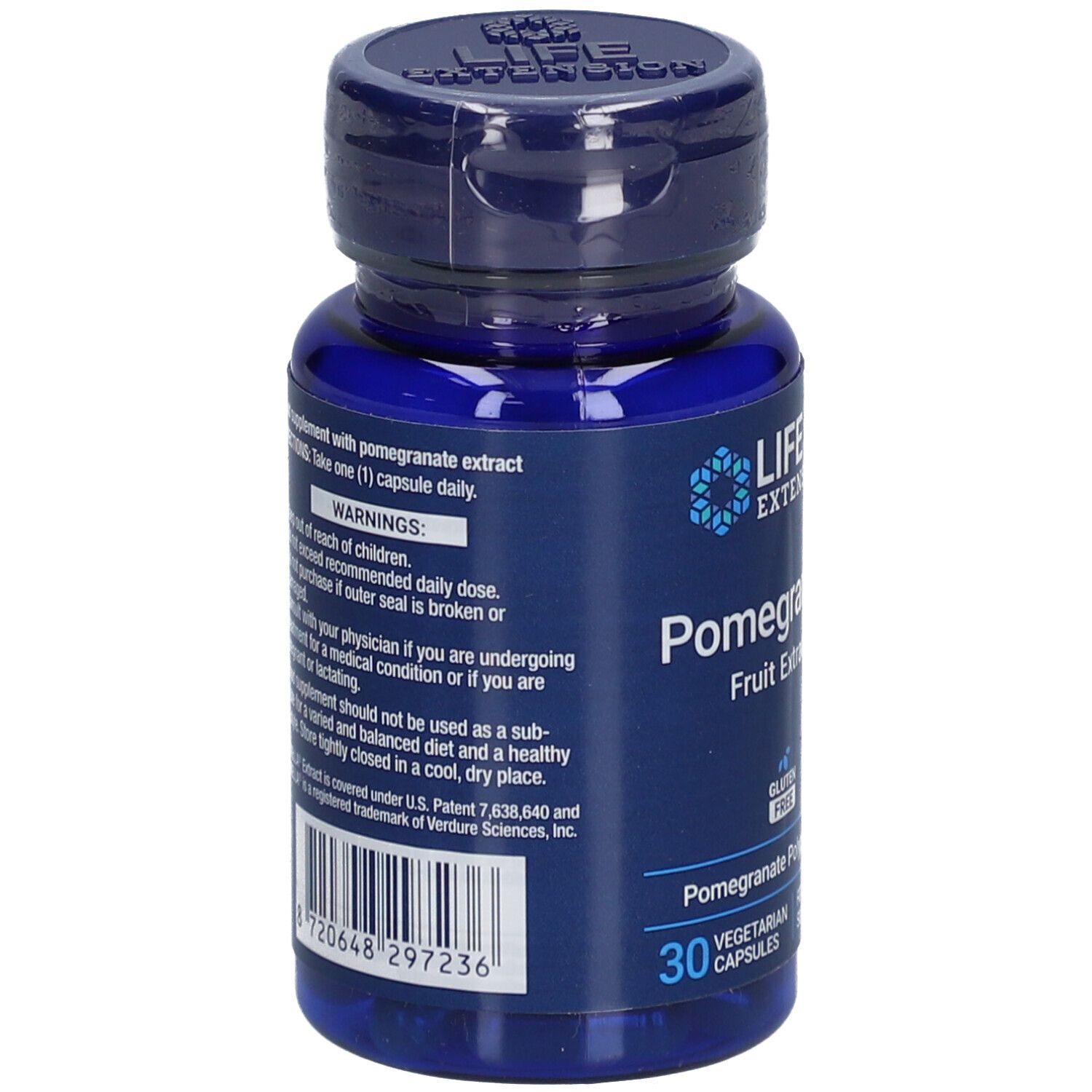 Flacon bleu de gélules. Inscription: Life Extension, extrait de fruit de grenade. 30 gélules végétariennes. Sans gluten.