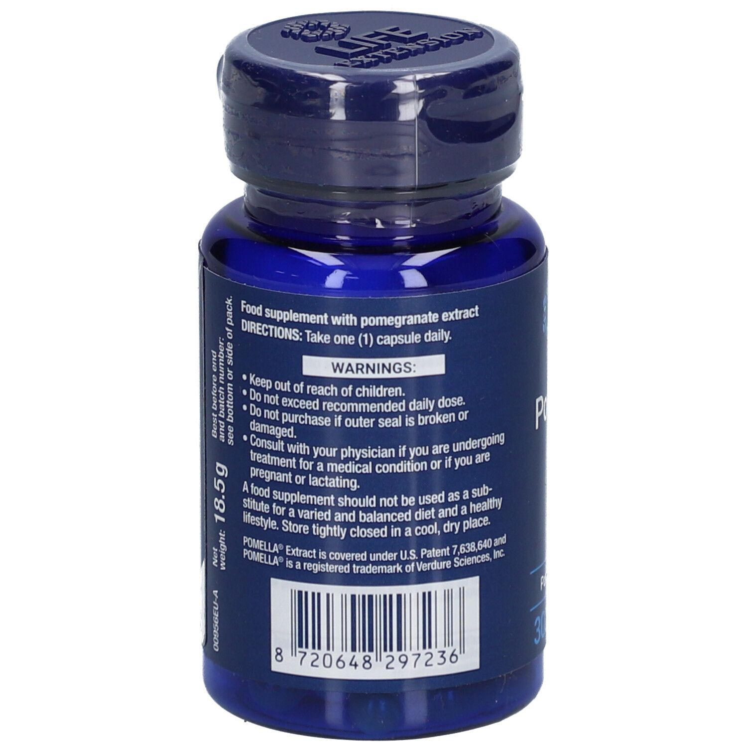 Flacon bleu de gélules. Inscription: Life Extension, extrait de fruit de grenade. Avertissements et poids 18,5g.