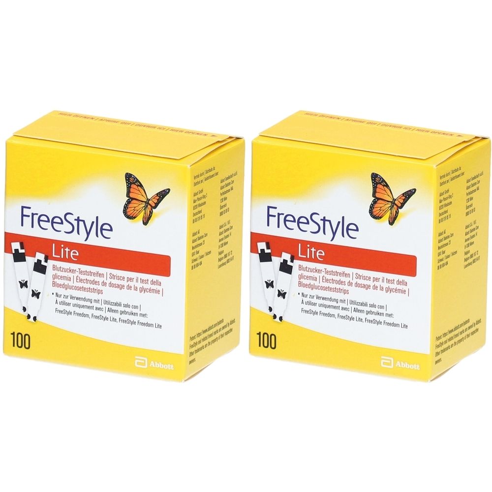 Zwei gelbe Kartons mit "FreeStyle Lite"-Teststreifen. Aufdrucke: Schmetterling, 100 Stück, Abbott-Logo.