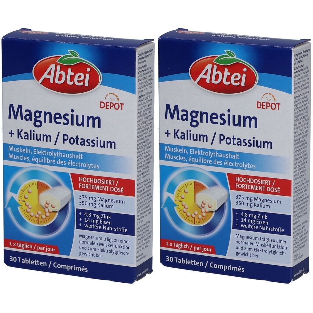 Zwei Schachteln Abtei Magnesium + Kalium. Blaue Verpackung mit weißer Schrift. Enthält 30 Tabletten. Hochdosiert.