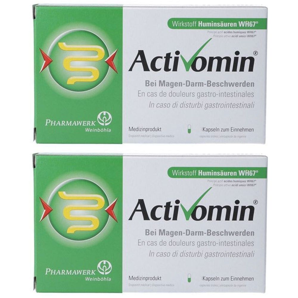 Zwei Schachteln Activomin. Grün-weiße Verpackung mit Produktnamen und Text in Deutsch, Französisch und Italienisch. Medizinprodukt.