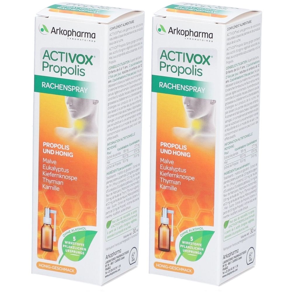 Deux boîtes de spray Activox Propolis pour la gorge. Inscription : Arkopharma, Activox Propolis, Propolis et Miel. Avec mauve, eucalyptus, bourgeon de pin, thym, camomille.