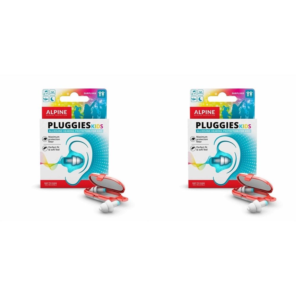 Deux boîtes de protection auditive ALPINE Pluggies Kids. Chaque boîte contient des bouchons d'oreille et un étui rouge.