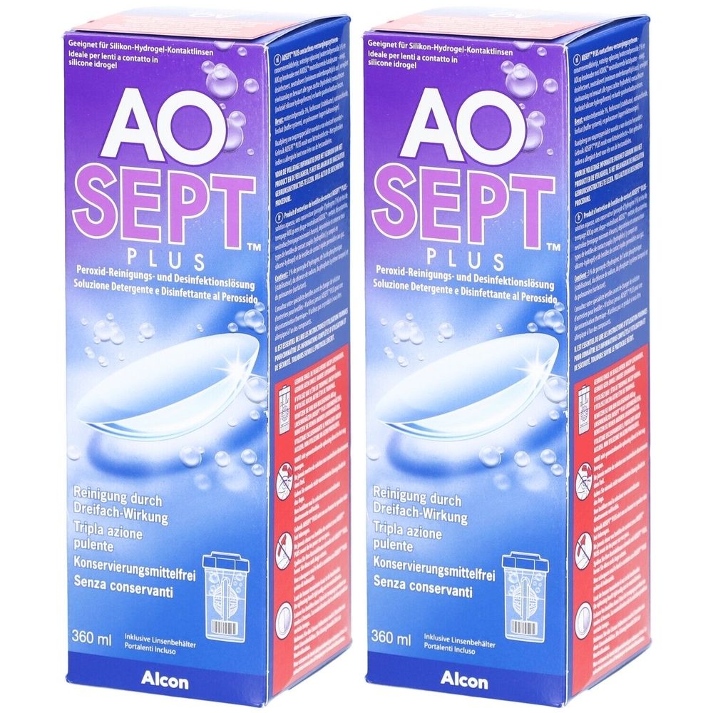 Zwei Packungen AOSEPT PLUS. Peroxid-Reinigungs- und Desinfektionslösung für Kontaktlinsen. Aufschrift: 360 ml, Alcon.