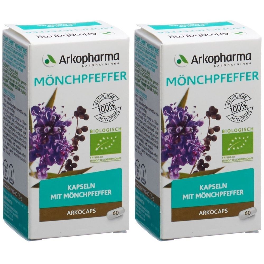 Zwei Schachteln mit "Mönchpfeffer"-Kapseln. Aufdrucke: "Arkopharma", "100% natürliche Aktivstoffe", Bio-Siegel. Abbildung von lila Blüten.