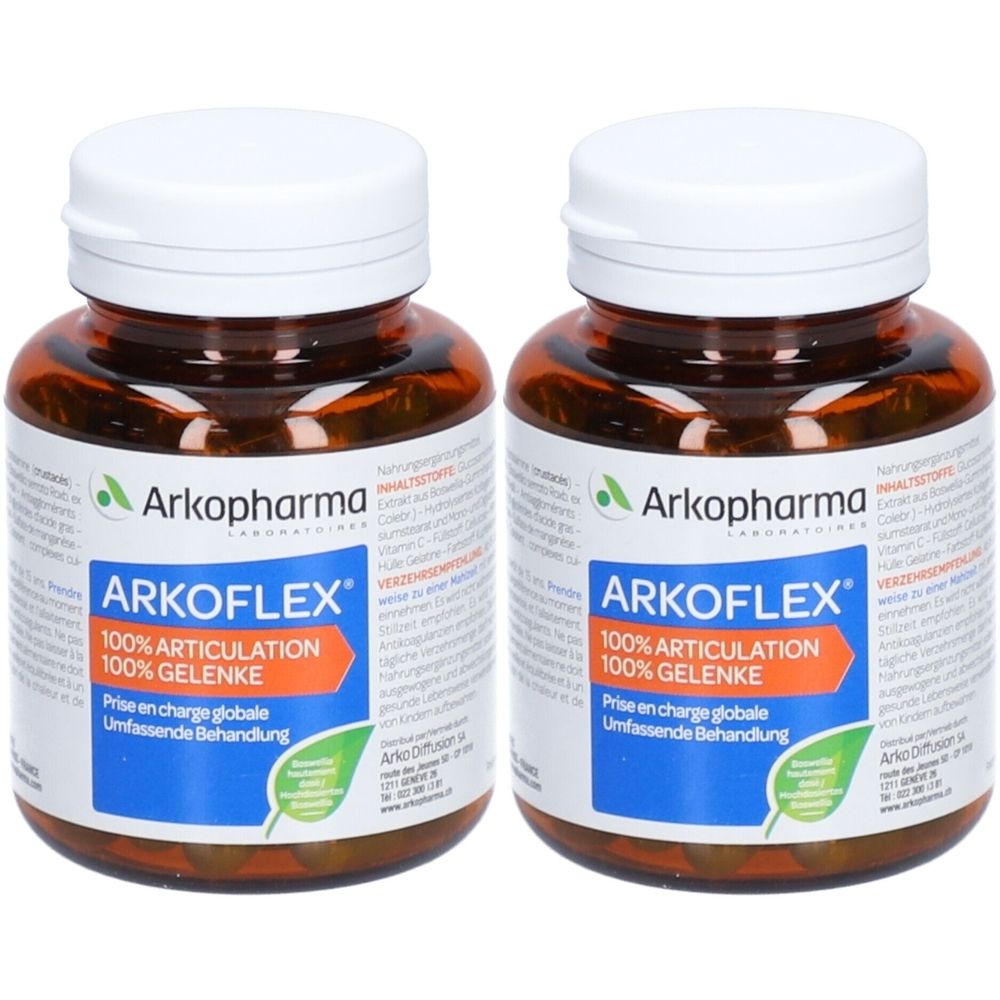 Zwei braune Flaschen mit weißen Deckeln. Auf den Etiketten steht "ARKOFLEX 100% GELENKE" und "Arkopharma".