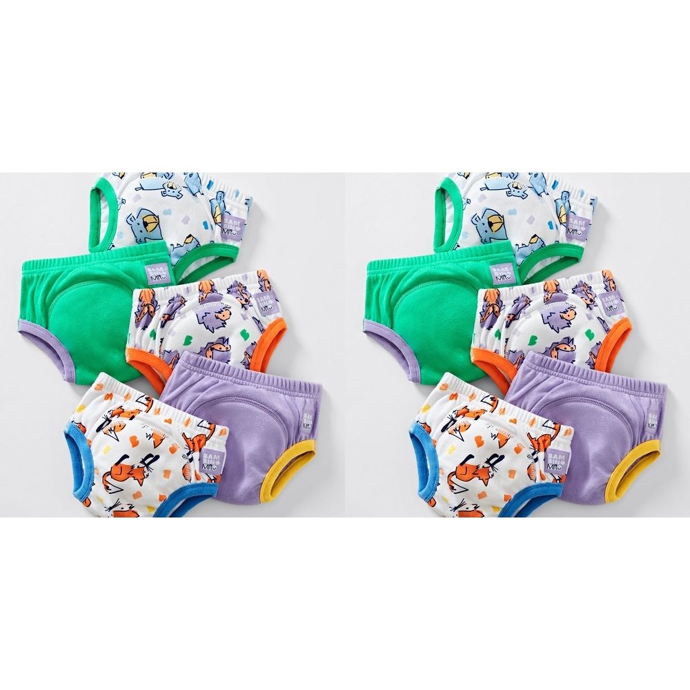 Mehrere waschbare Lernhöschen. Verschiedene Farben und Tiermotiven. Grün, lila, orange und blau. Mit gelben, blauen und grünen Rändern.