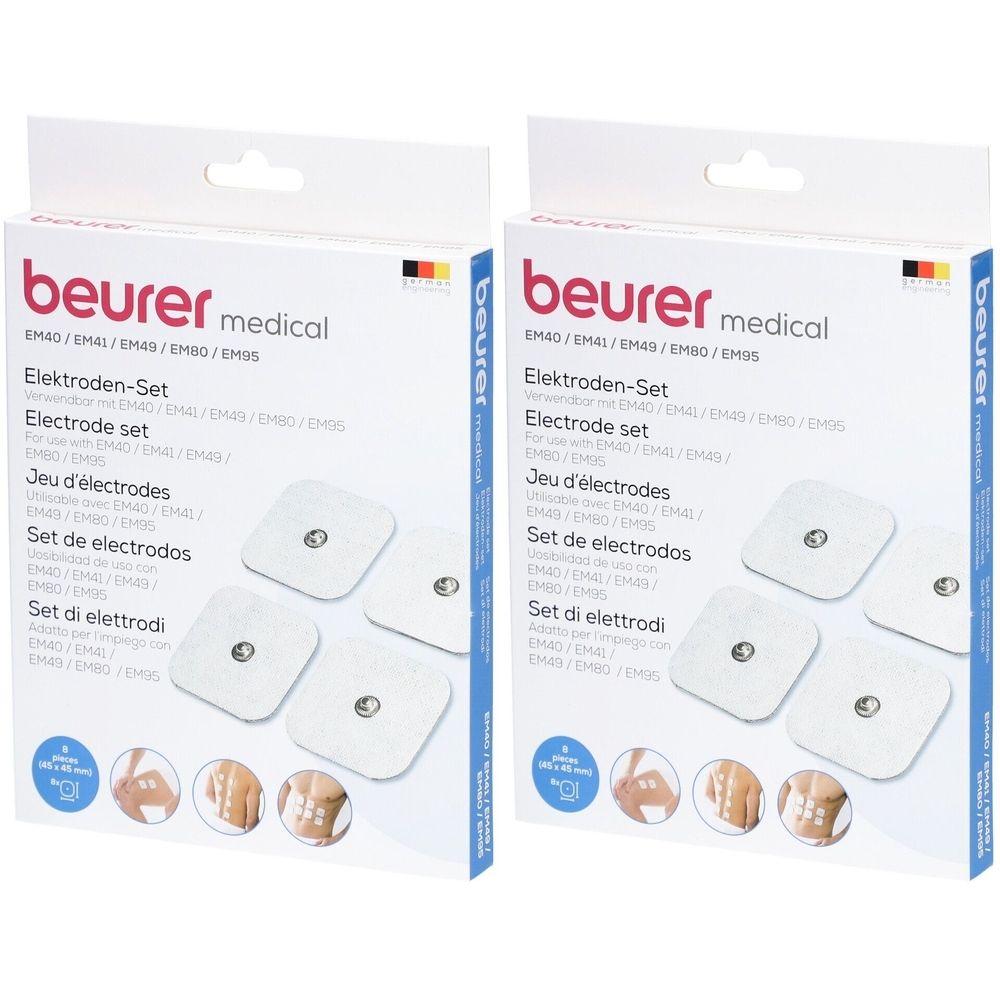 Deux boîtes de jeu d'électrodes de remplacement. Inscription : beurer medical, Jeu d'électrodes. Électrodes carrées sur fond blanc.