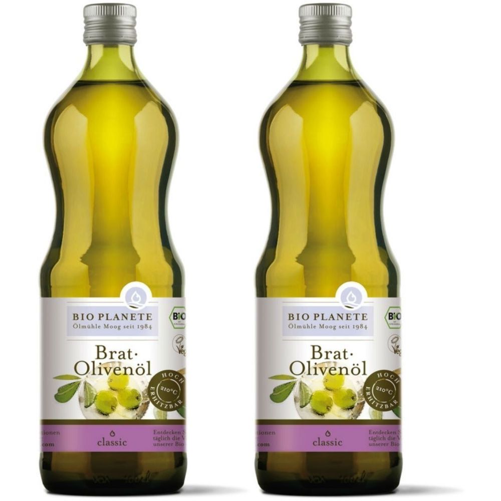 Deux bouteilles d'huile d'olive avec étiquette. Inscription : BIO PLANETE Brat-Olivenöl. Bouteilles en verre avec bouchon argenté.