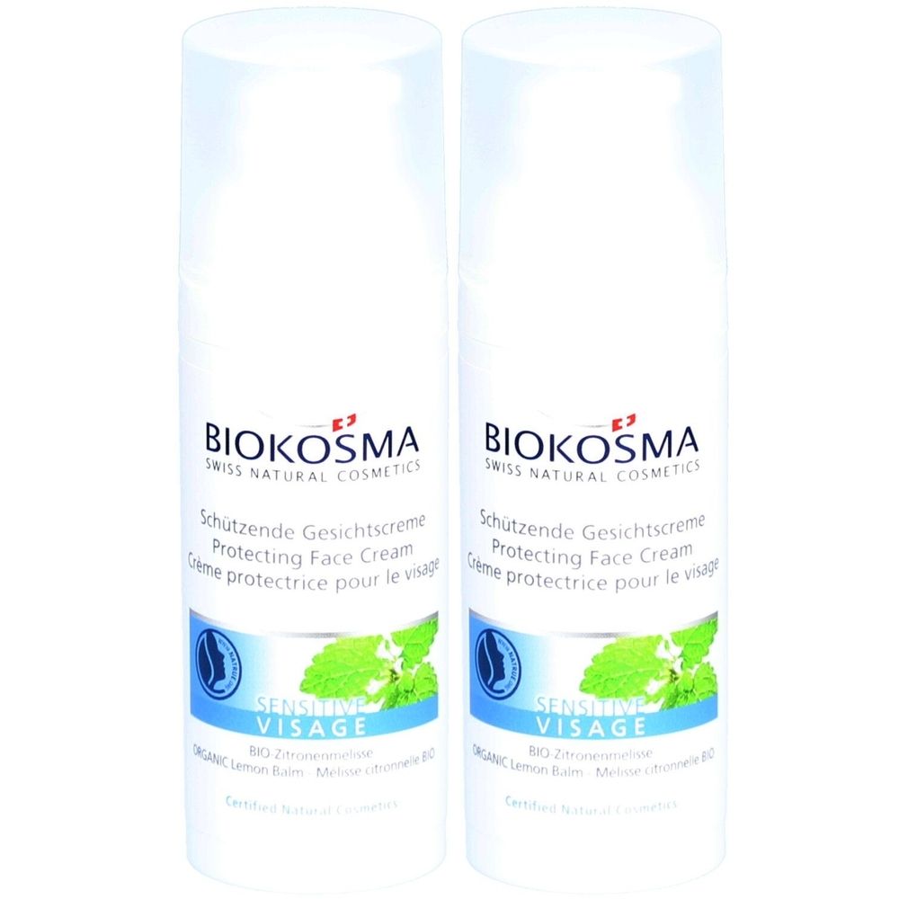 Deux flacons blancs de crème BIOKOSMA Sensitive Face. Inscription : Schutzende Gesichtscreme, Protecting Face Cream, Crème protectrice pour le visage.