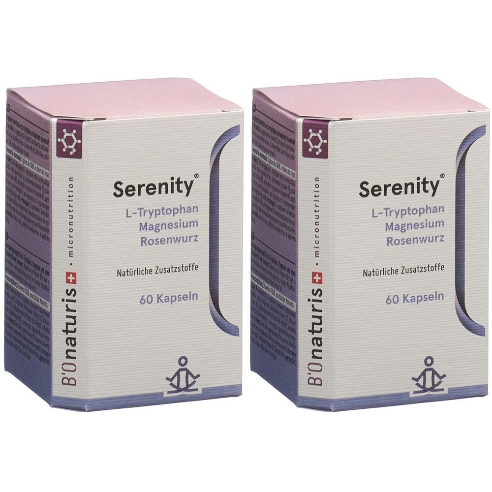 Deux boîtes rectangulaires "Serenity". Contient L-Tryptophane, Magnésium, Rhodiola et 60 gélules. Marque B'onaturis.
