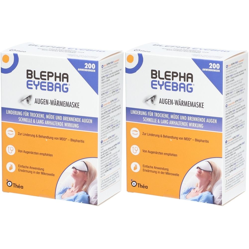Zwei Kartons Blepha Eyebag Augen-Wärmemaske. Weiße Verpackung mit blauem und orangefarbenem Design. Text: Augen-Wärmemaske, 200, Thea.