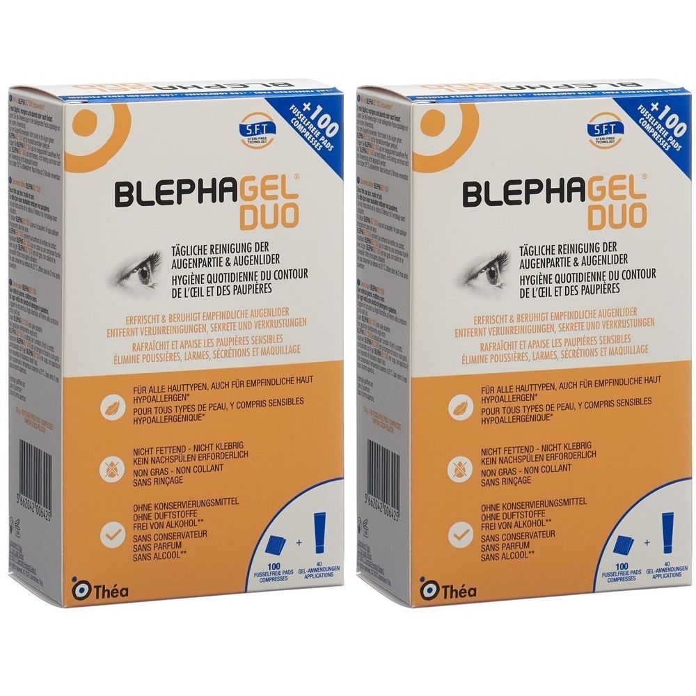 Deux boîtes de BLEPHAGEL DUO. Inscription : Nettoyage quotidien des yeux. Contient 100 compresses. Marque Théa.