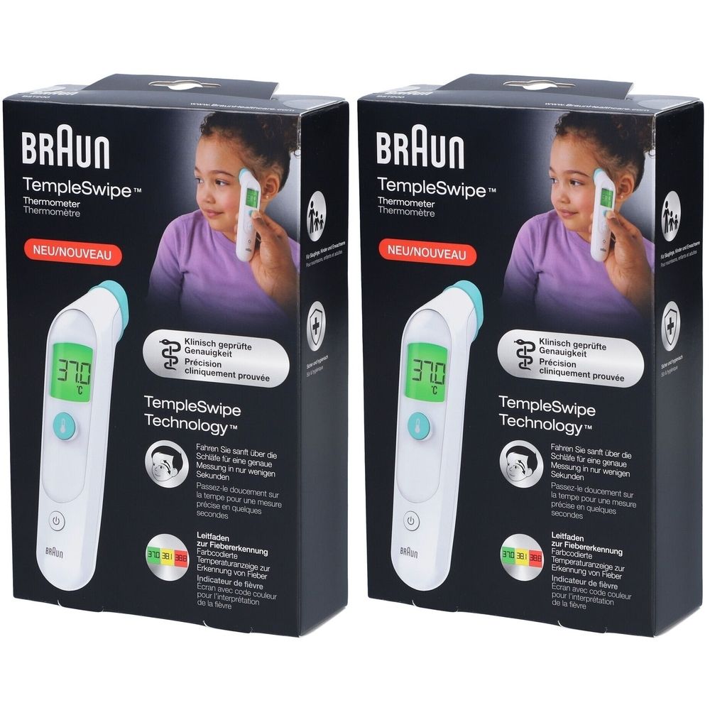 Zwei Packungen des Braun TempleSwipe Thermometers. Jede Packung zeigt ein Thermometer mit digitaler Anzeige und eine Abbildung eines Kindes.