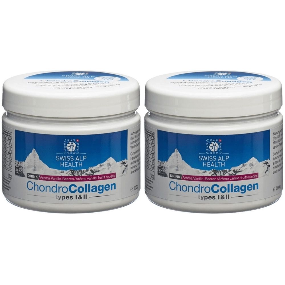 Zwei weiße Dosen mit blauen Etiketten. Auf den Etiketten steht "SWISS ALP HEALTH ChondroCollagen Types I&II".