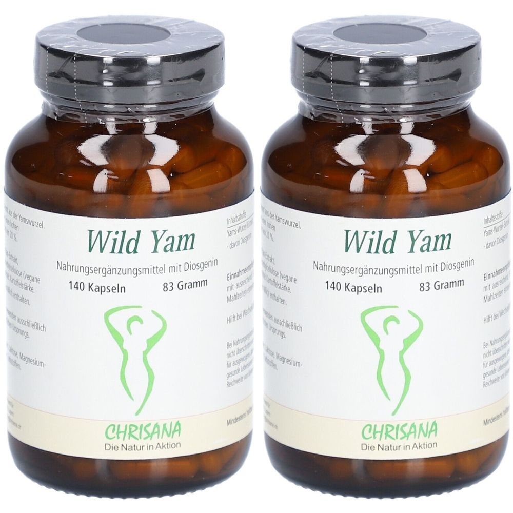 Zwei braune Glasflaschen mit Kapseln. Aufschrift: Wild Yam, Nahrungsergänzungsmittel, 140 Kapseln, 83 Gramm. Logo: Frau. Marke: CHRISANA.