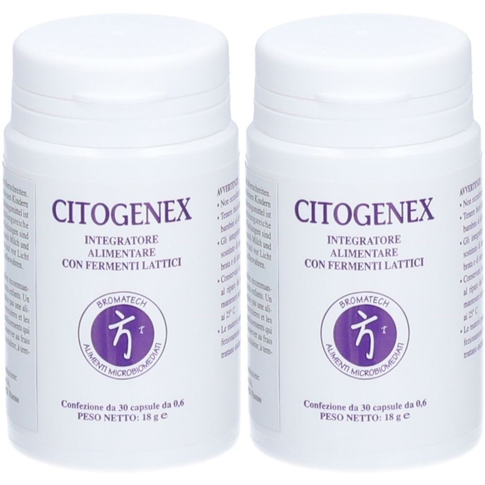 Zwei weiße Flaschen mit CITOGENEX-Etikett. Aufschrift: Integratore Alimentare con Fermenti Lattici. Logo von Bromatech.