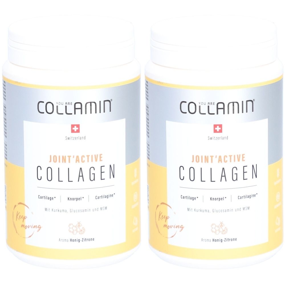 Zwei weiße Behälter mit dem Aufdruck COLLAMIN Joint'Active Collagen. Schweizer Kreuz und Schriftzug. Gelber Hintergrund.