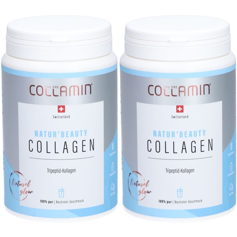 Zwei Dosen COLLAMIN Natur'Beauty Collagen. Weiße Deckel, graue Dosen mit blauem Etikett. Schweizer Kreuz und Schriftzug.