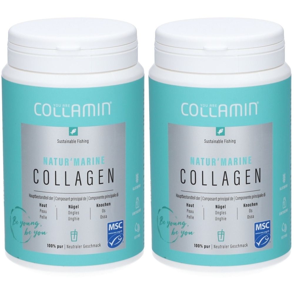 Zwei zylindrische Behälter mit weißem Deckel. Aufschrift: COLLAMIN Natur'Marine Collagen. MSC-Zertifizierung.