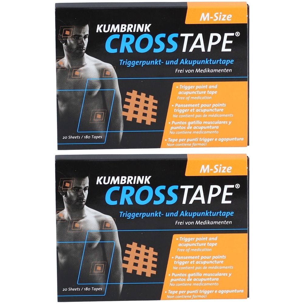 Zwei Packungen CROSSTAPE. Schwarze Verpackung mit Produktname und Beschreibung. M-Size. 20 Tapes.