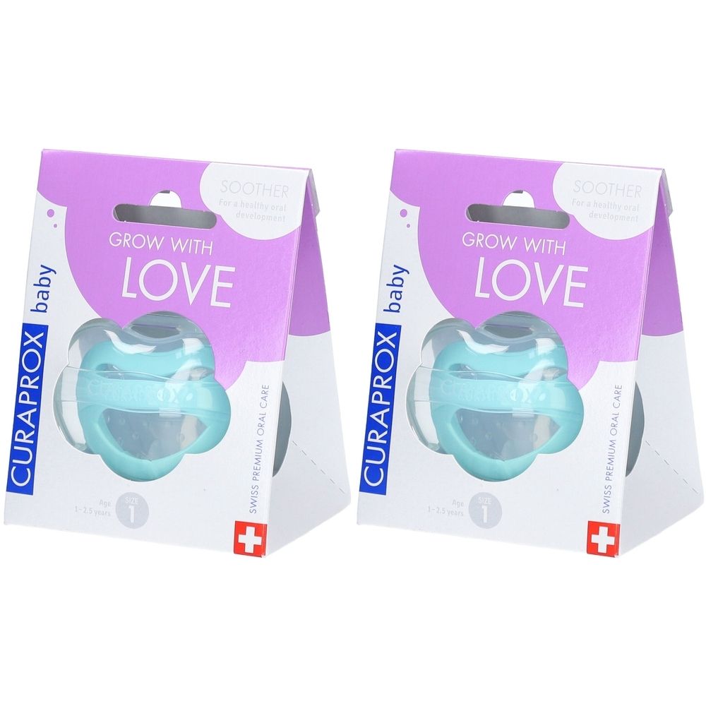 Deux emballages de sucettes bleues. Inscription "GROW WITH LOVE" et "CURAPROX baby". Croix suisse.