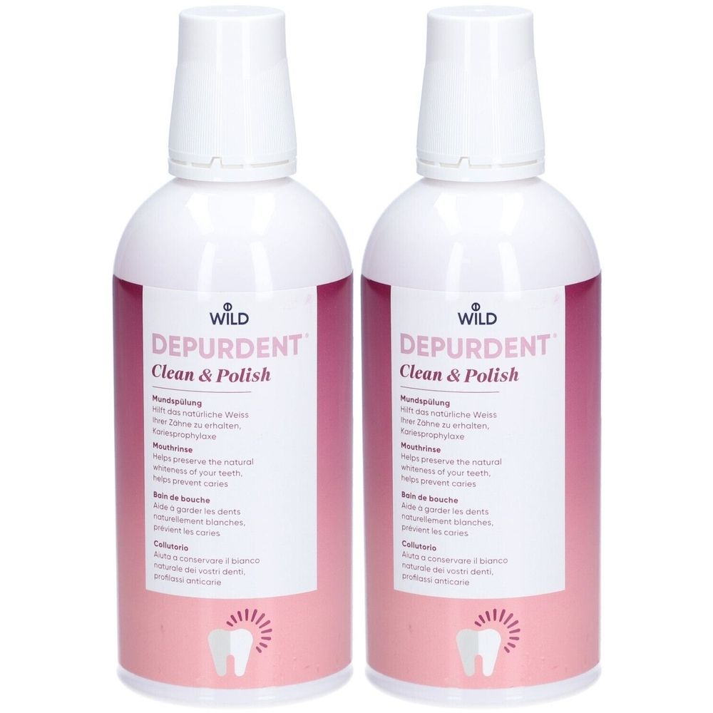 Deux flacons de bain de bouche. Bouchon blanc, étiquette rose et blanche avec nom du produit et symbole dentaire.