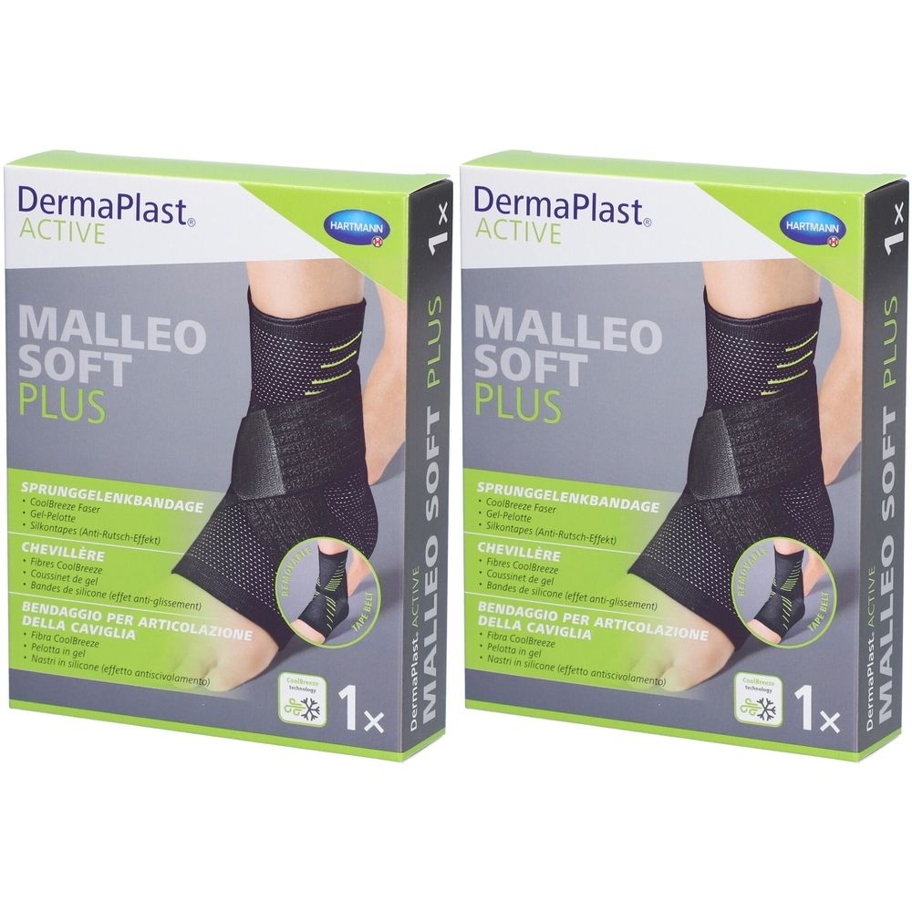 Zwei Packungen der Bandage Malleo Soft Plus. Schwarze Bandage mit Klettverschluss. Marke: DermaPlast.