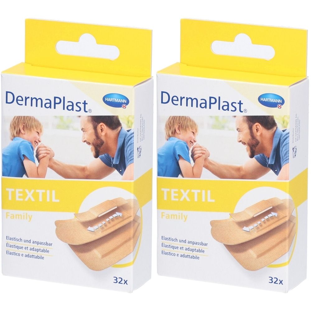 Zwei Schachteln Pflaster. Aufdruck: DermaPlast, Textil, Family. Abbildung: Mann und Kind. 32 Stück.