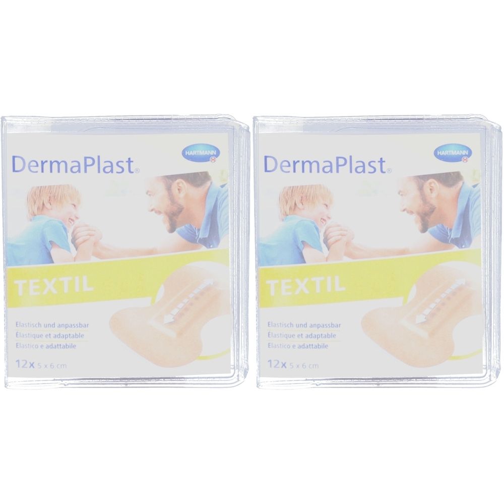 Zwei Packungen Dermaplast Textil Fingerspitzenverband. Jede Packung zeigt ein Bild von Vater und Kind. Aufschrift: Textil, 17x5x6 cm.