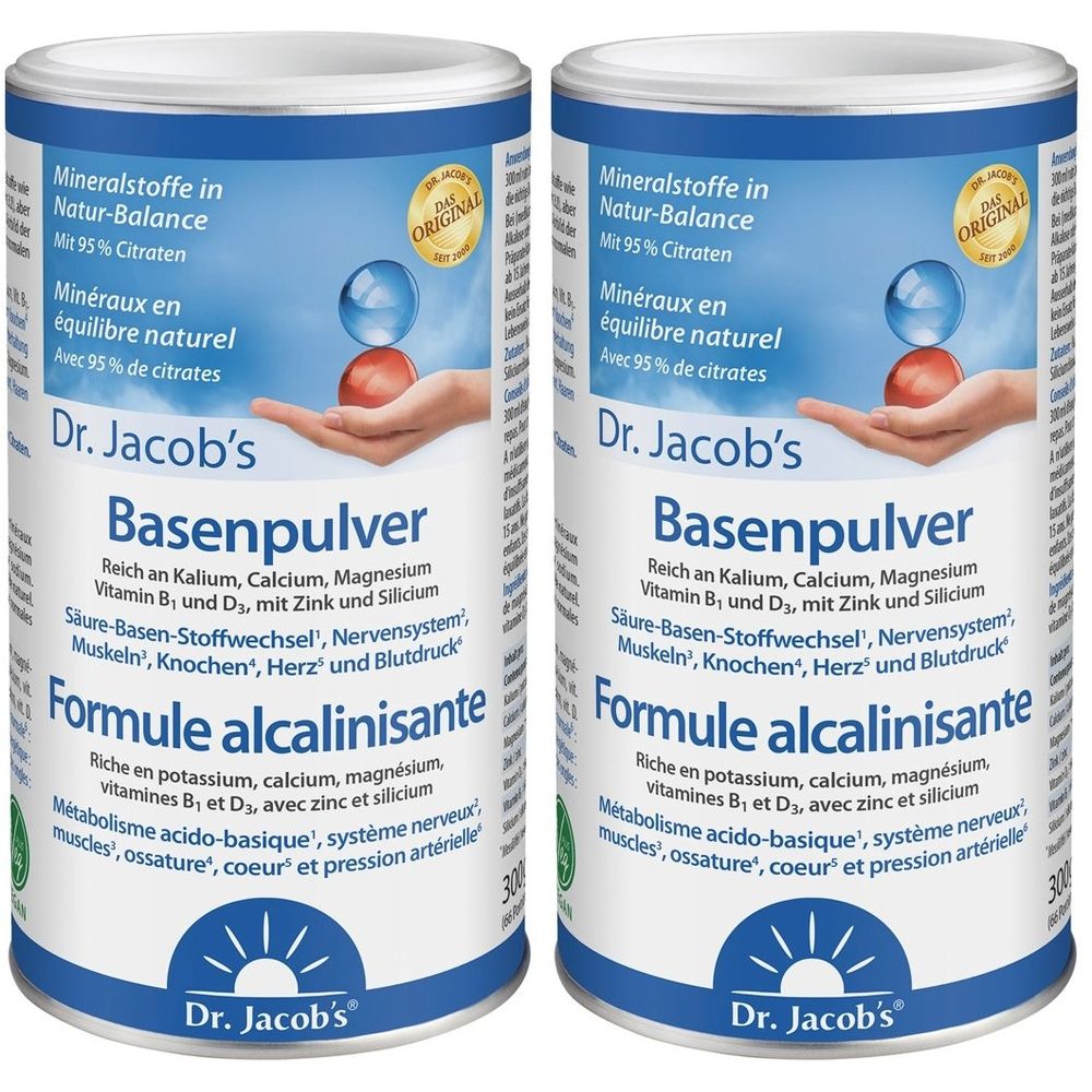 Zwei Dosen Dr. Jacob's Basenpulver. Weiße Dosen mit blauer und roter Grafik. Text: Mineralstoffe, Basenpulver, Formule alcalinisante.