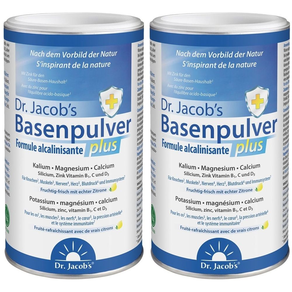 Zwei Dosen Dr. Jacob's Basenpulver Plus. Blaue und weiße Verpackung mit Produktinformationen und Logo.