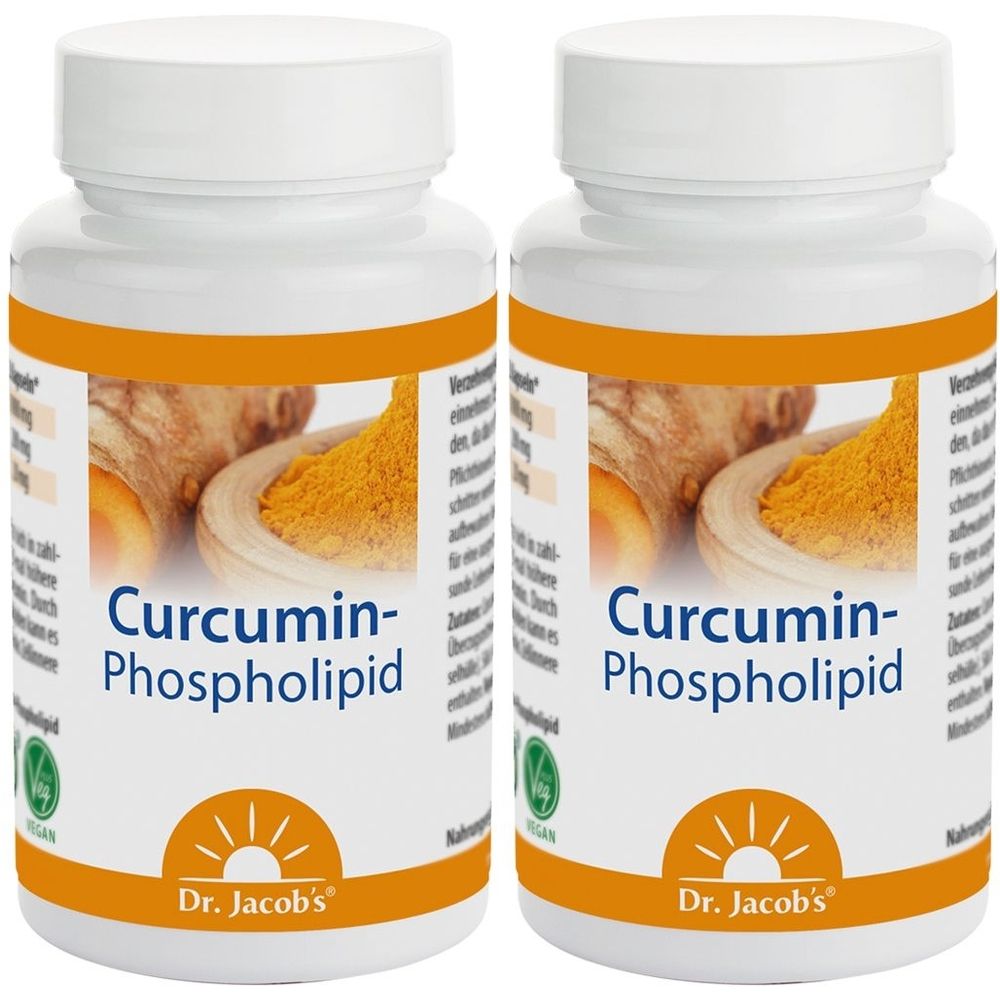 Deux flacons blancs avec étiquette jaune. Inscription : Curcumin-Phospholipid, Dr. Jacob's. Label végétalien. Illustration de curcuma.