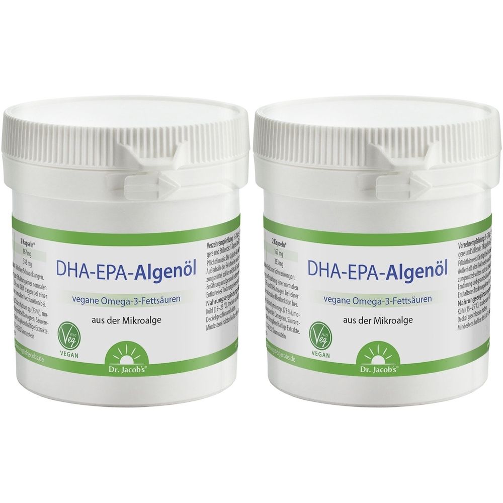 Zwei weiße Behälter mit Deckel. Aufschrift: DHA-EPA-Algenöl, vegane Omega-3-Fettsäuren. Logo: Dr. Jacob's, Vegan-Siegel.