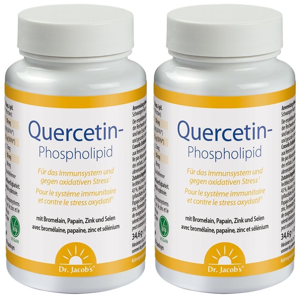 Zwei weiße Flaschen mit gelben Etiketten. Aufschrift: Quercetin-Phospholipid, Dr. Jacobs. Enthält Bromelain, Papain, Zink und Selen. Vegan.