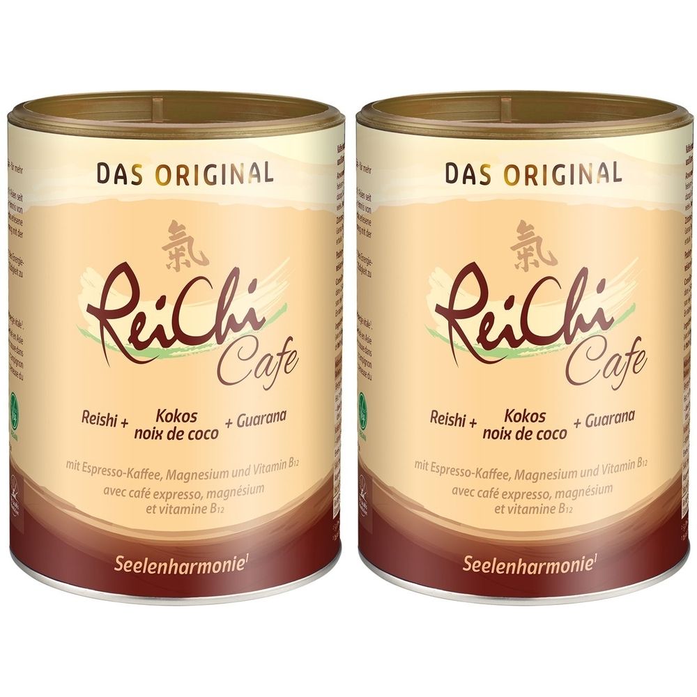 Zwei Dosen mit Aufschrift "DAS ORIGINAL" und "ReiChi Cafe". Enthält Reishi, Kokos, Guarana. Braune und beige Farbtöne.